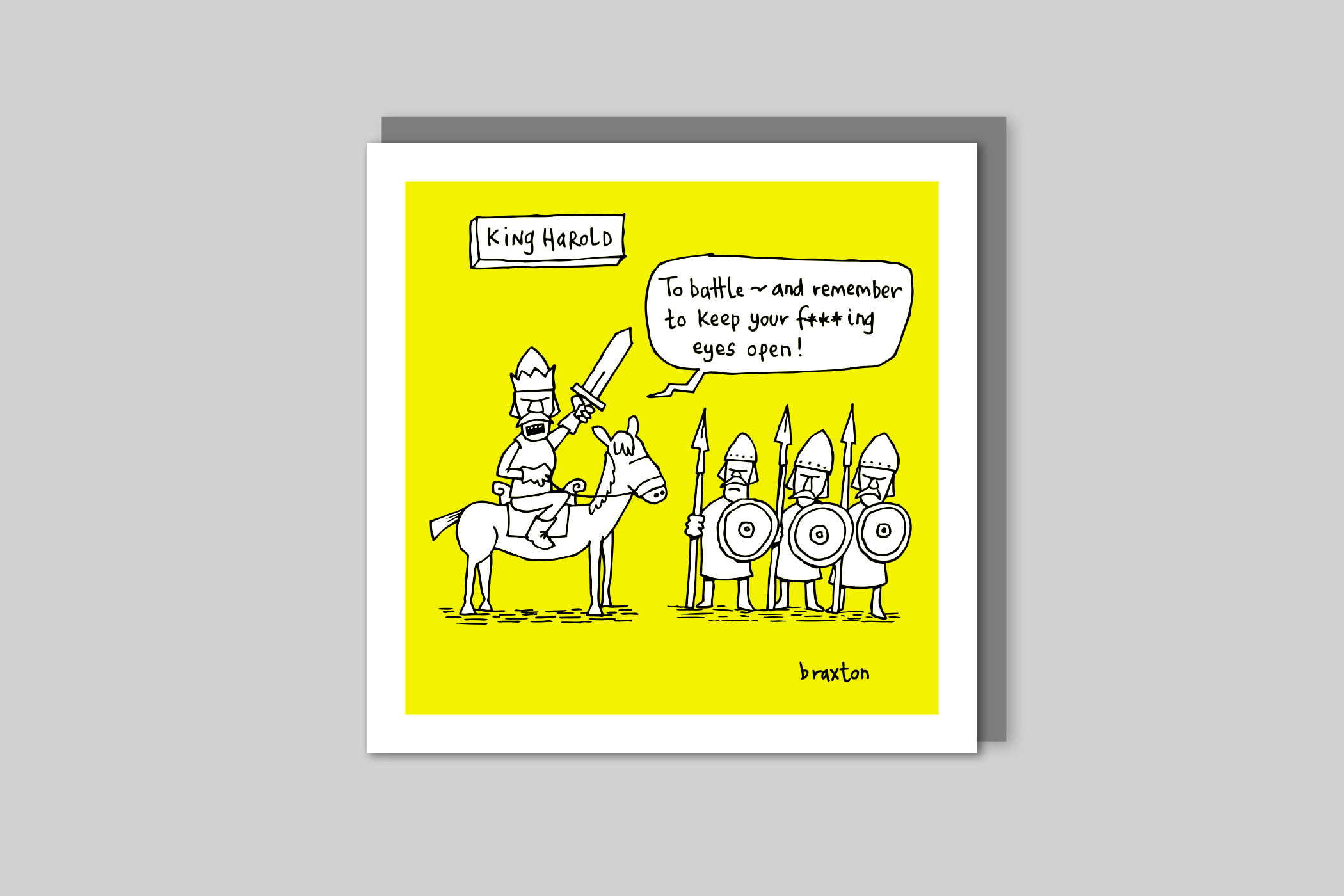 King Harold humorous illustration from History of the World range of greeting cards by Icon, back page.