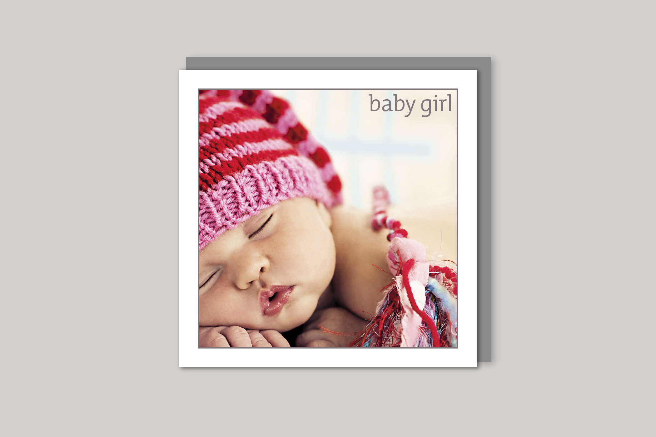 Pink Hat new baby girl card from Exposure Silver Edition range of greeting cards by Icon, back page.