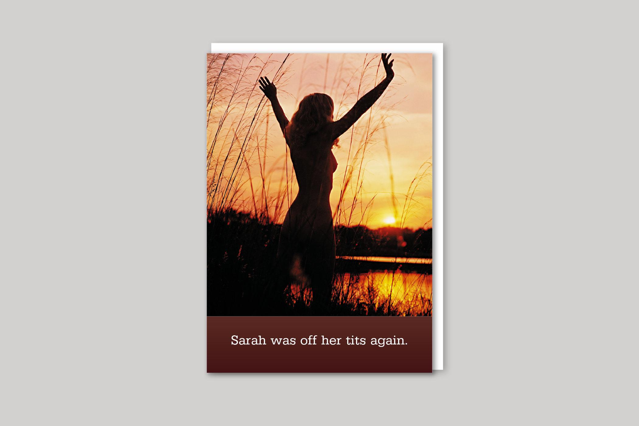 Sarah at Sunset from Blush humour range of greeting cards by Icon, back page.