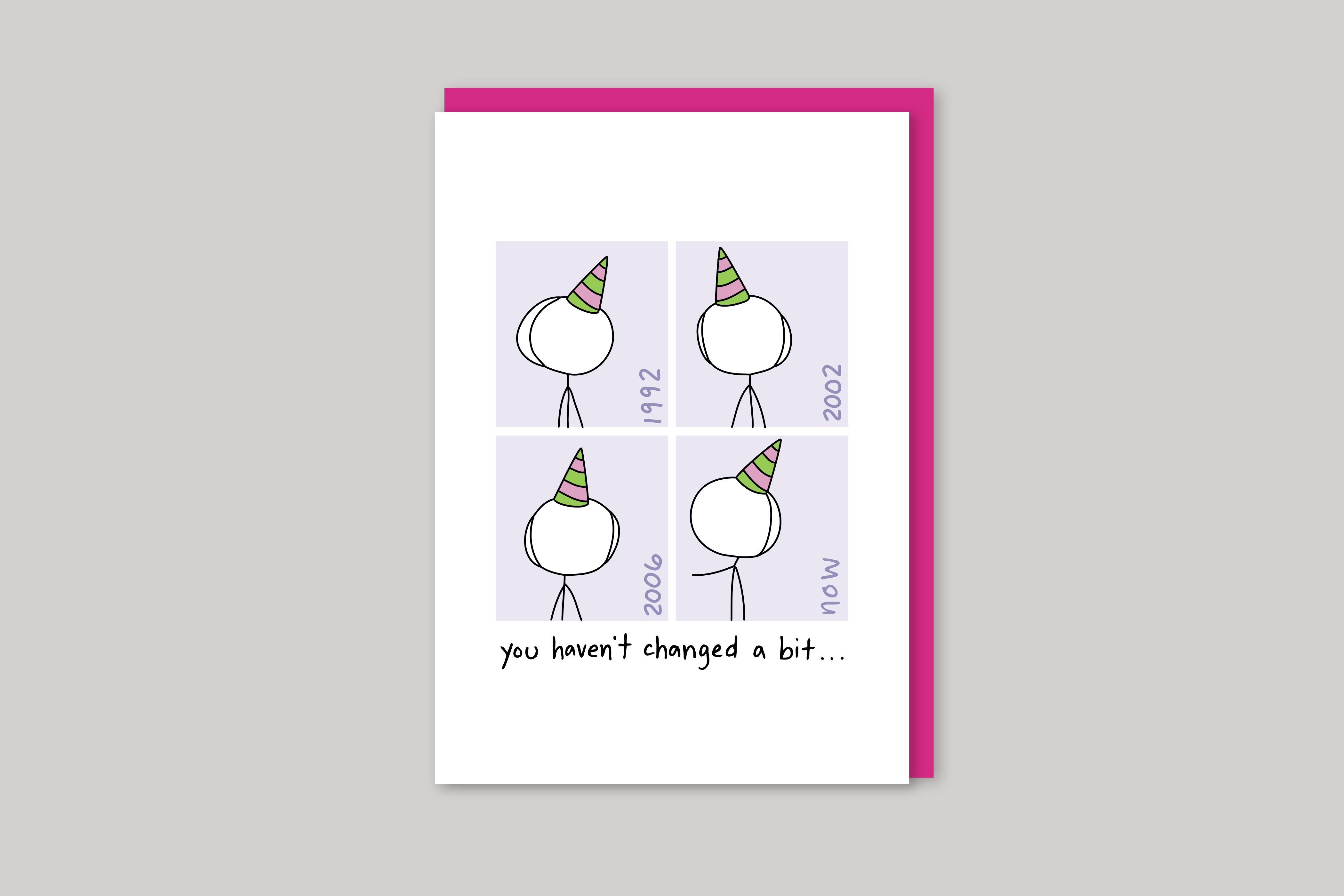 You Haven't Changed a Bit humorous illustration from Mean Cards range of greeting cards by Icon, back page.