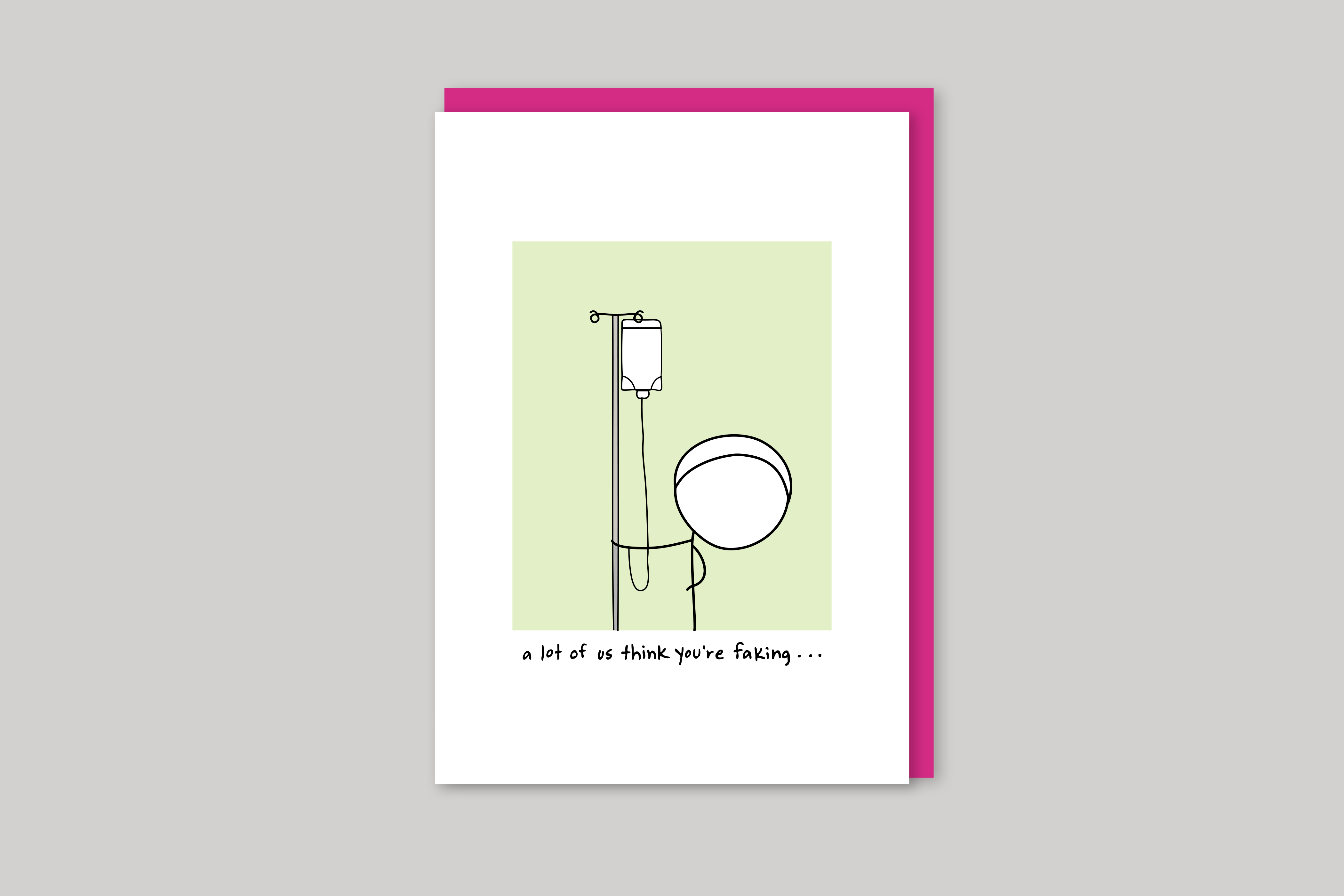 You're Faking get well card humorous illustration from Mean Cards range of greeting cards by Icon, back page.