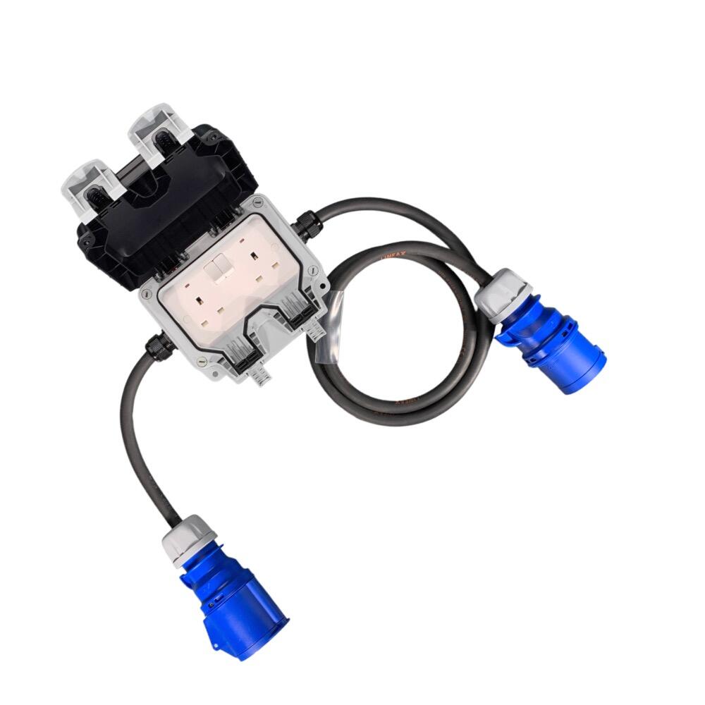 32AMP PLUG TO 13AMP 2 GANG WEATHERPROOF SOCKET WITH 32AMP SOCKET