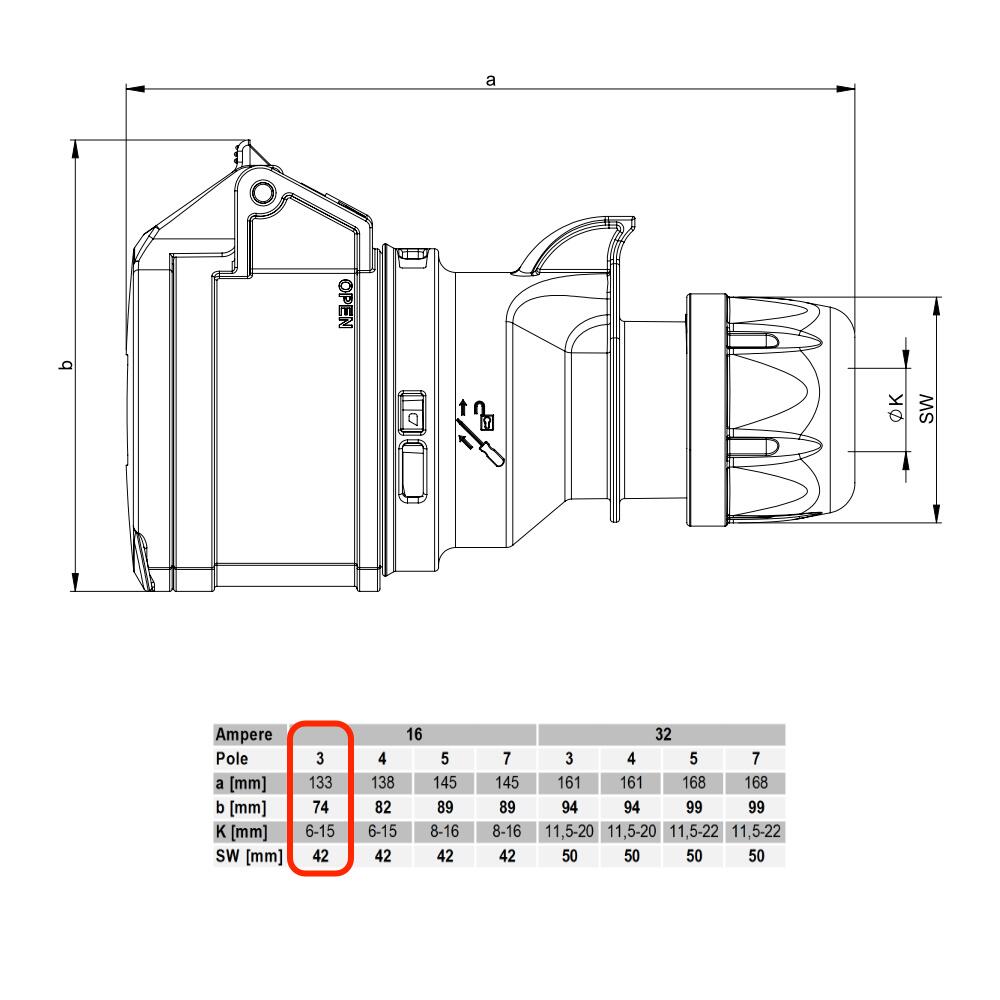 16A 110V 3 Pin 2P+E IP44 Socket Drawing - PCE 213-4