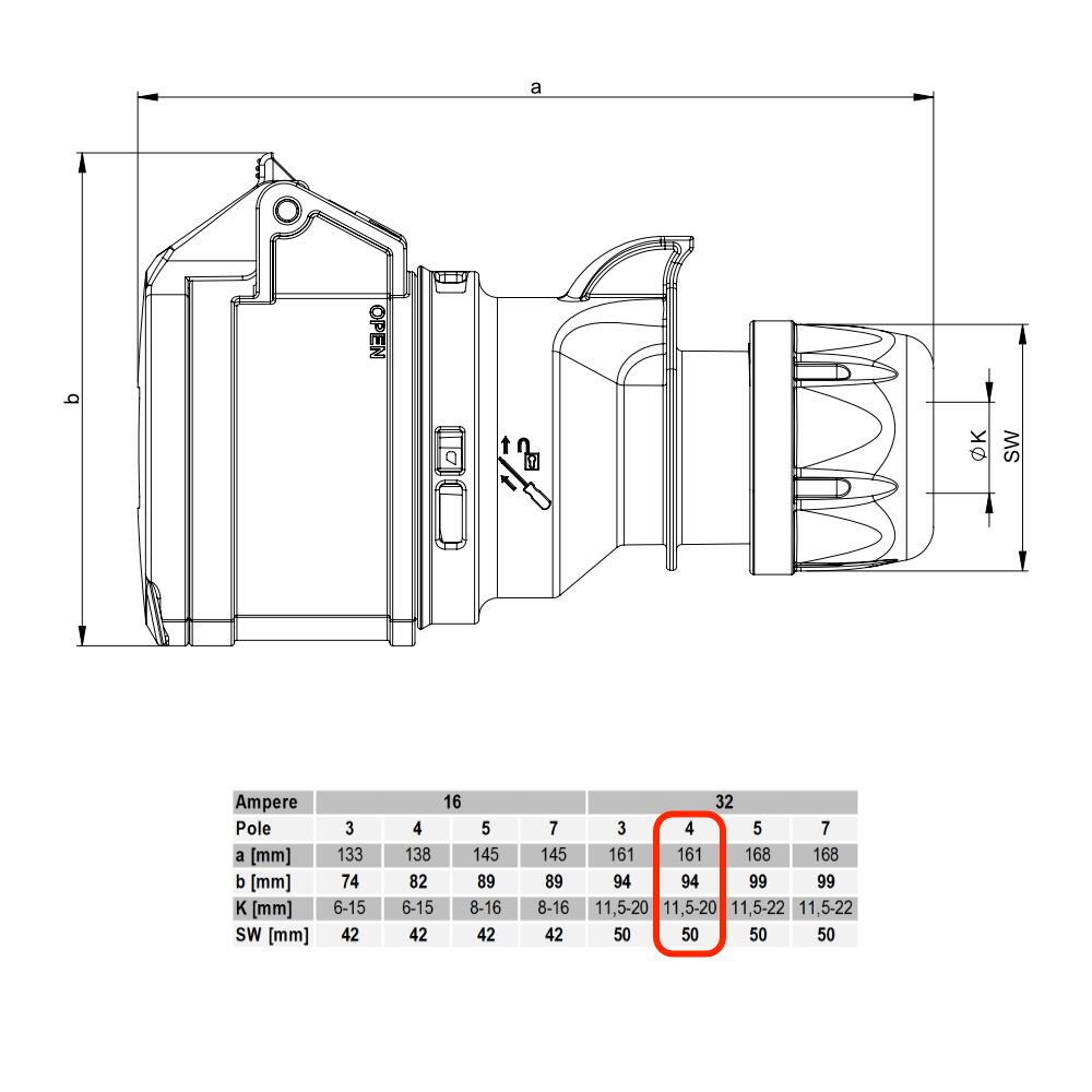 32A 415V 4 Pin 3P+E IP44 Socket Drawing - PCE 224-6