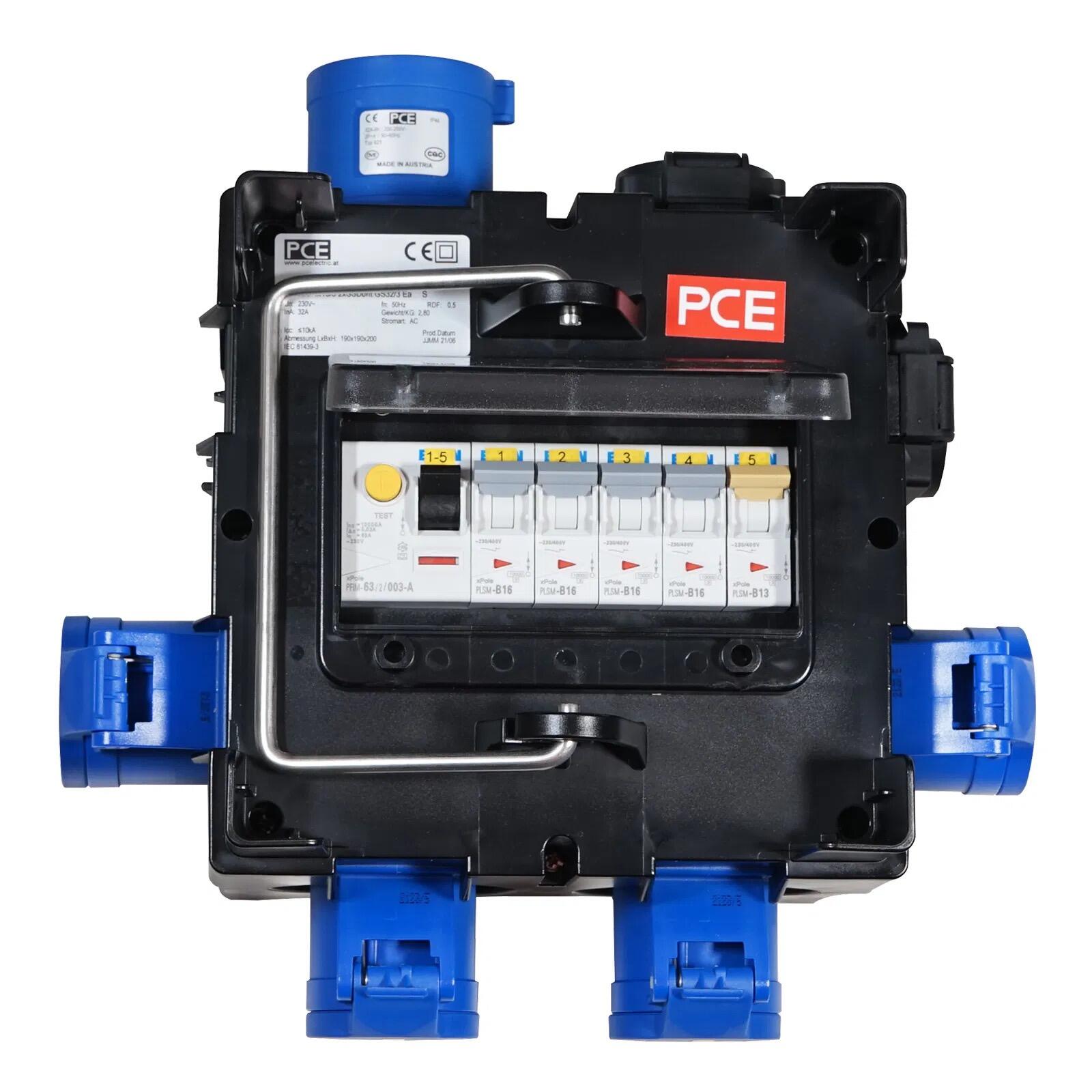 PCE 9030490 Distribution Unit 32A 240V In > 4 x 16A + 2 x 13A - RCBO/MCBs