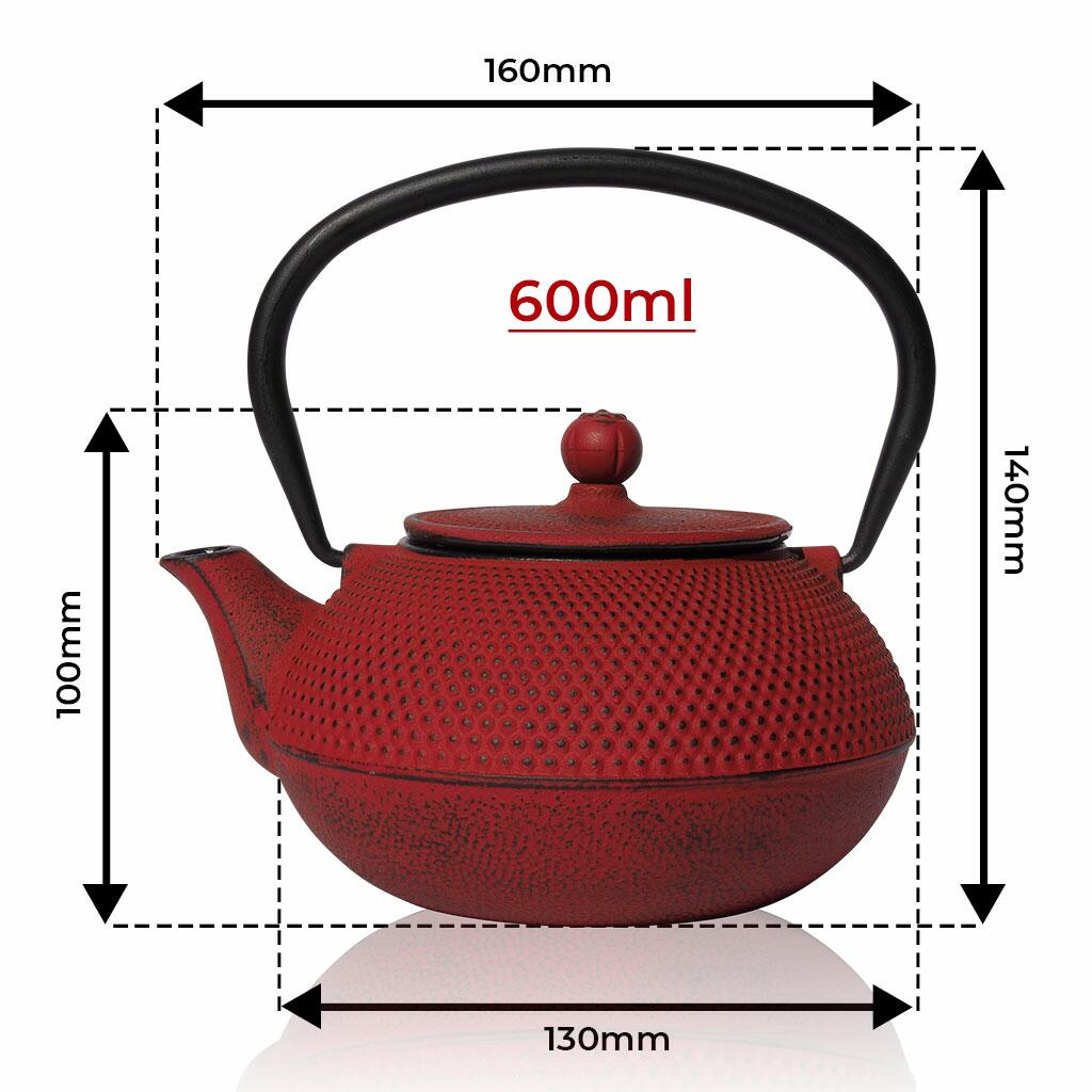 Tenshi Red Cast Iron Teapot Sizing