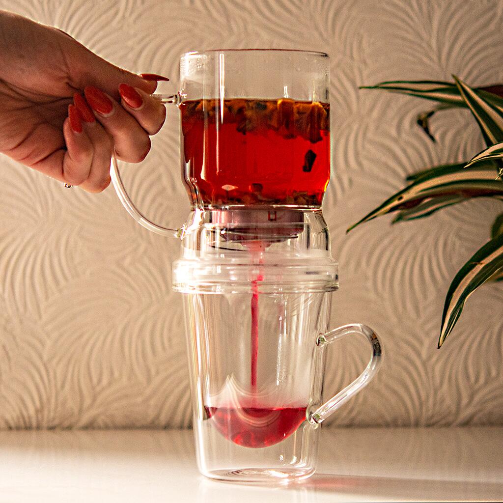 Tea Press Glass Infuser in use