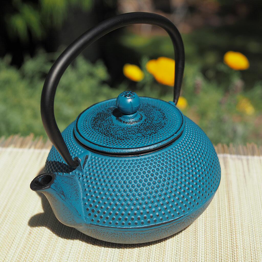 Tenshi Blue Cast Iron Teapot In situ