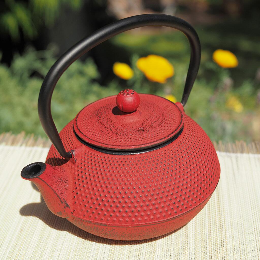 Tenshi Red Cast Iron Teapot In situ