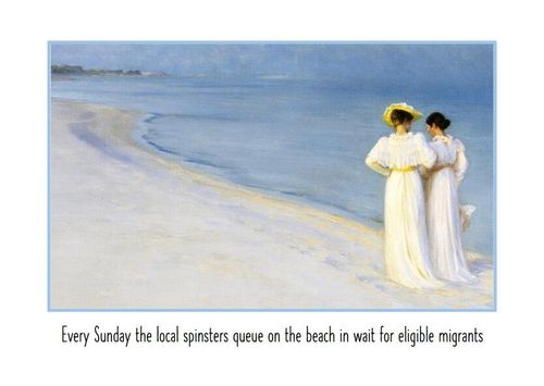 Painting of two women on beach. Caption reads: Every Sunday the local spinsters queue on the beach in wait for eligible migrants.