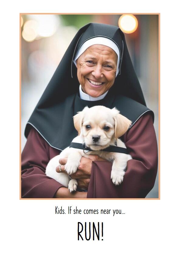 An AI picture of a smiling nun cradling a cute puppy.