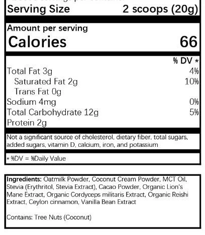 Mushroom hot chocolate ingredient label showing mushroom extracts