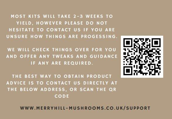 Merryhill Mushrooms support card included with every kit