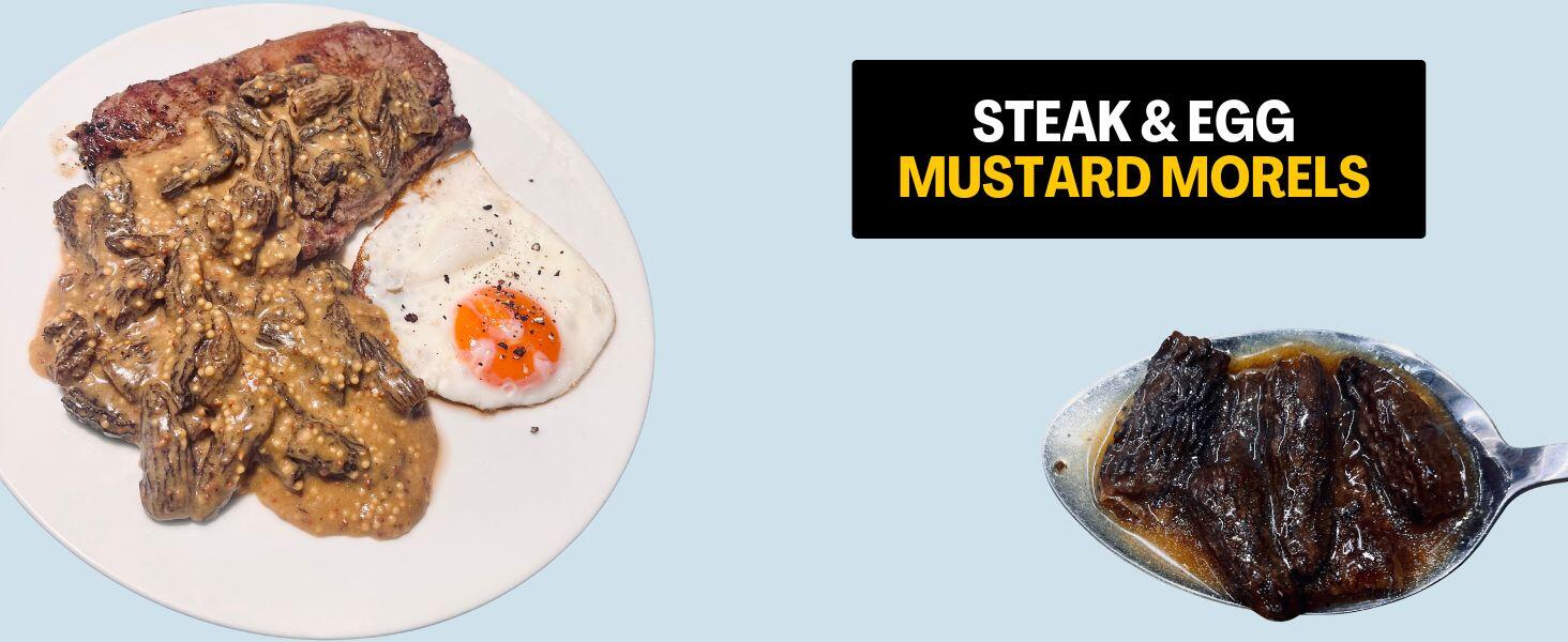 Steak and eggs served with a mustard morel sauce