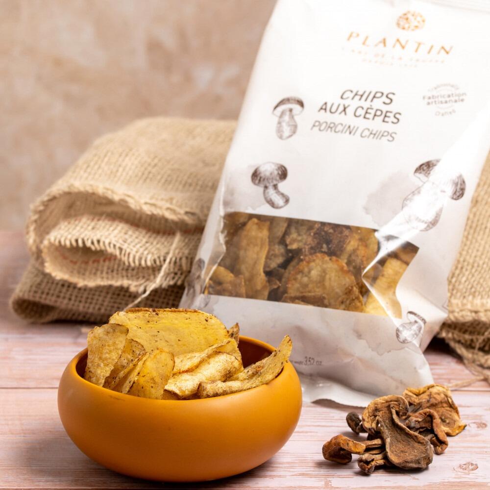 Packet of Porcini Mushroom Crisps with crips in bowl