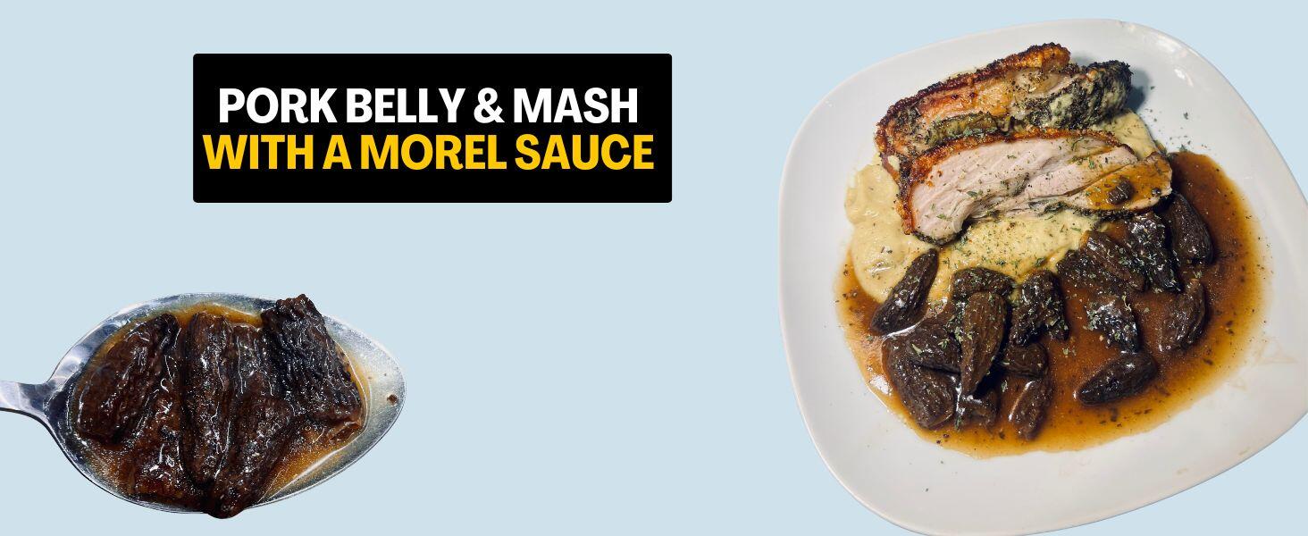 Pork belly with celeriac mash and a morel mushroom Sauce