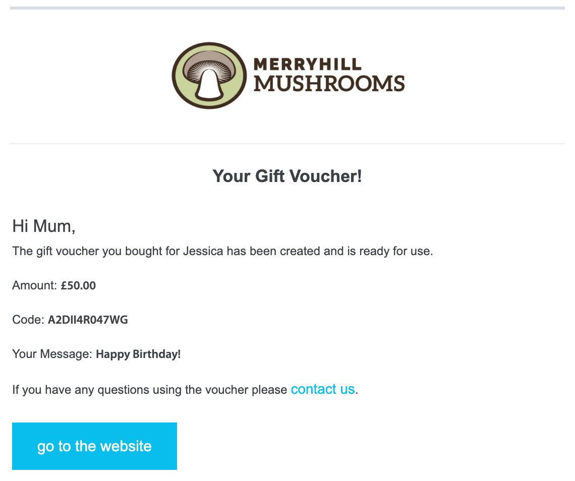 Gift voucher webpage showing your code and balance