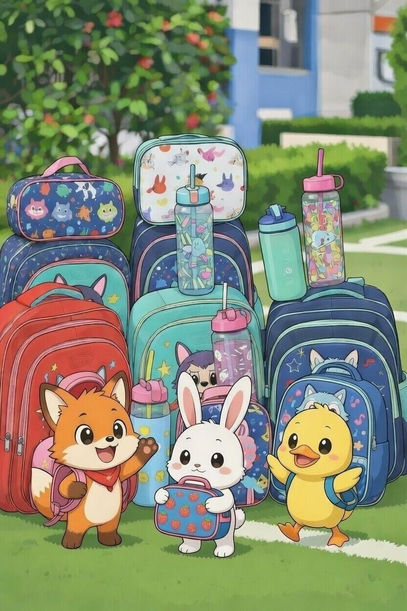 Cheerful cartoon animal mascots holding colorful kids backpacks, water bottles, lunch boxes and school supplies