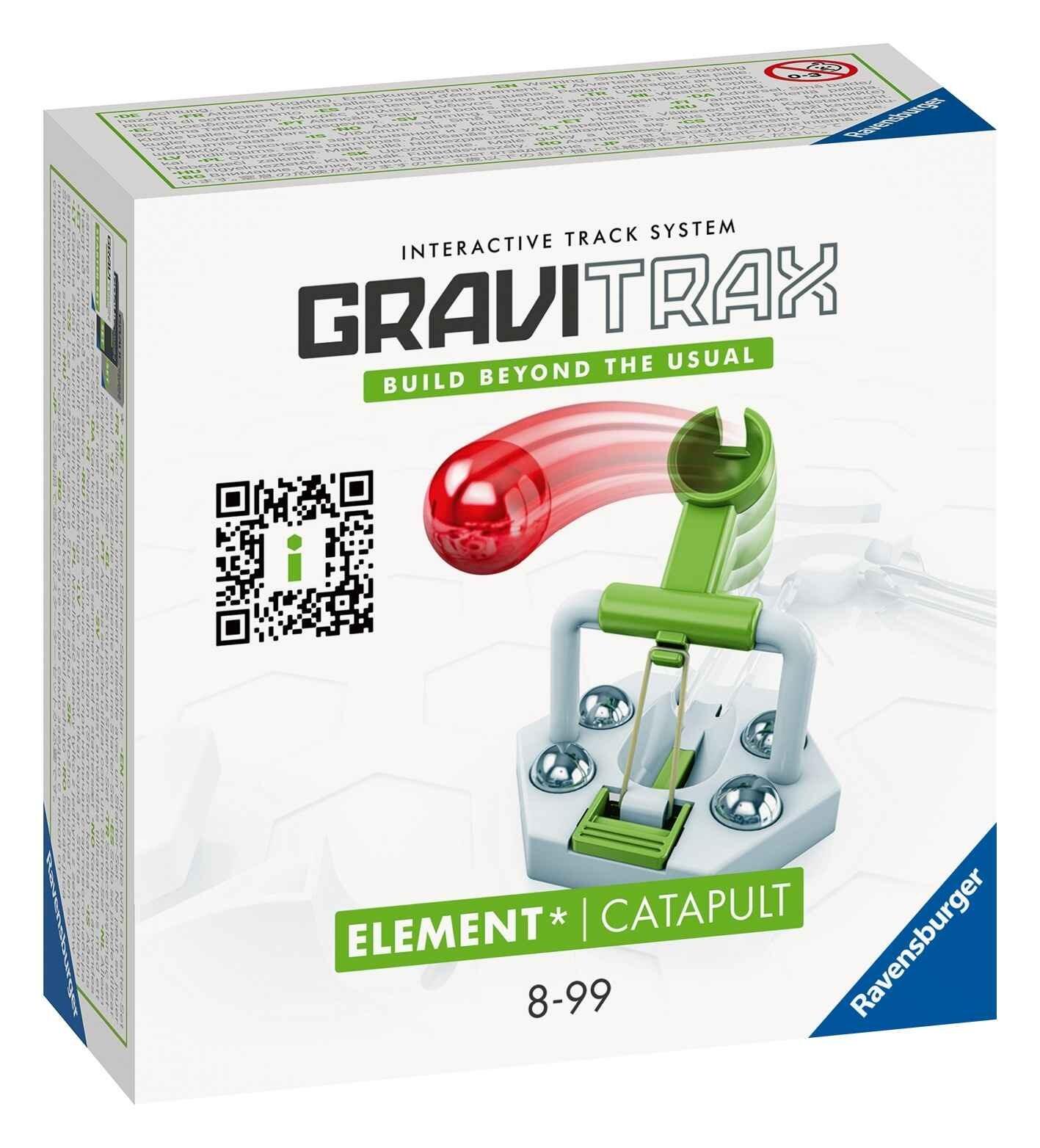 Front view of the GraviTrax Catapult Element box featuring the marble-launching action