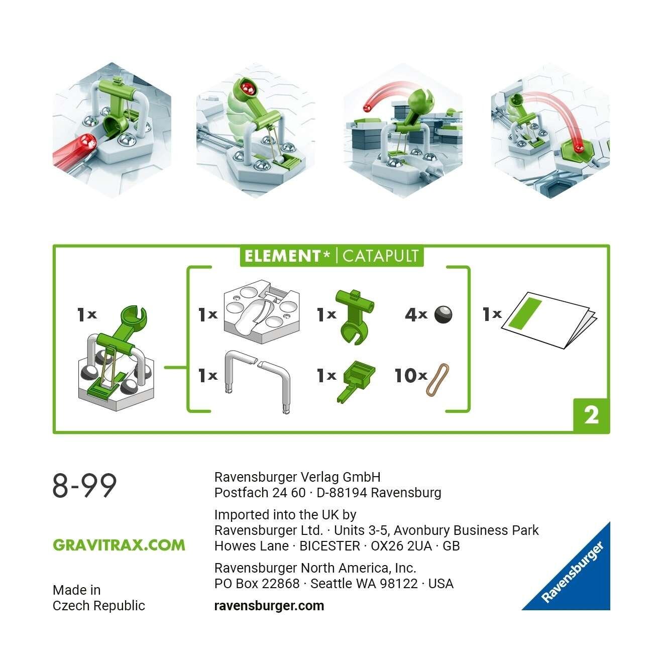 Back of the GraviTrax Catapult Element box showing catapult features and included components