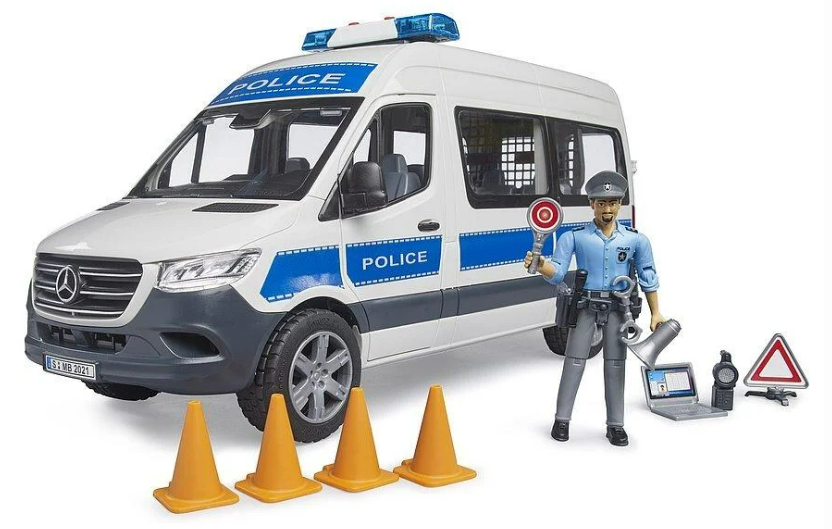 toy police van with toy police man figure, traffic cones, and more