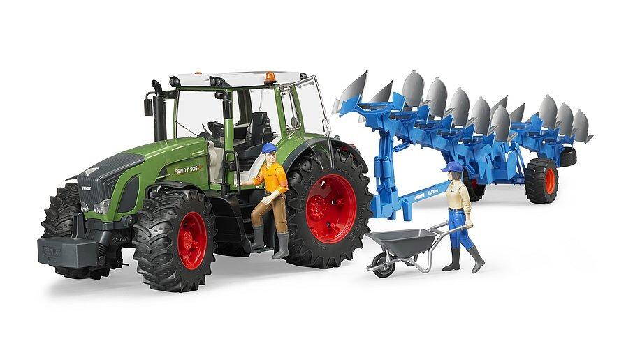 Fendt 936 Vario Bruder tractor toy with plough attachment scene