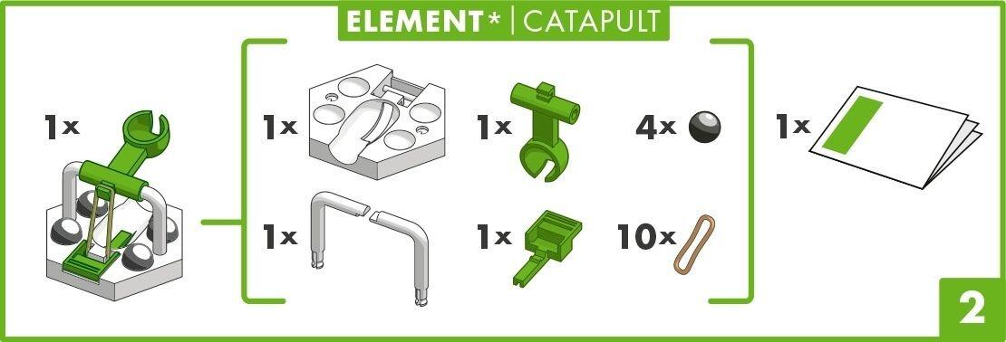 GraviTrax Catapult contents sheet displaying launcher, base, and accessory pieces