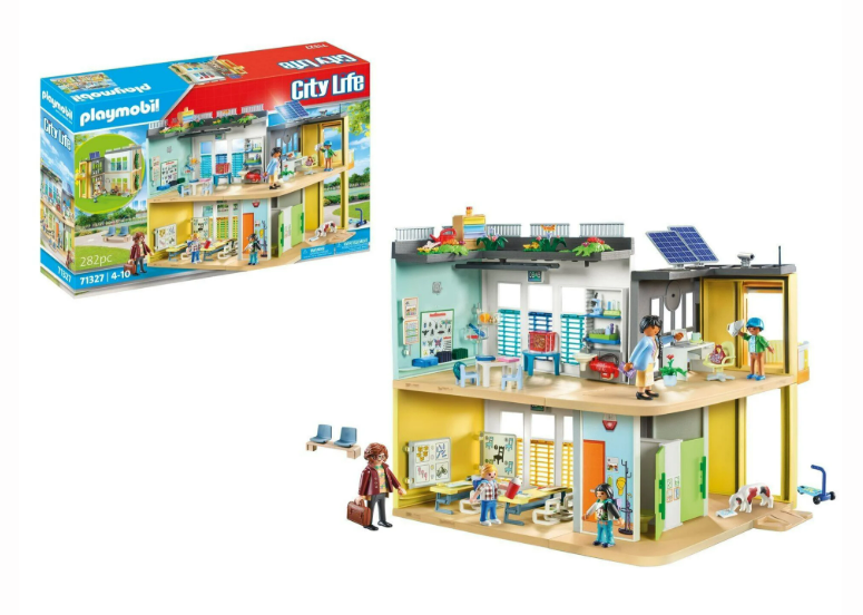 PLAYMOBIL school playset shown in boxed packaging and also fully assembled outside the box