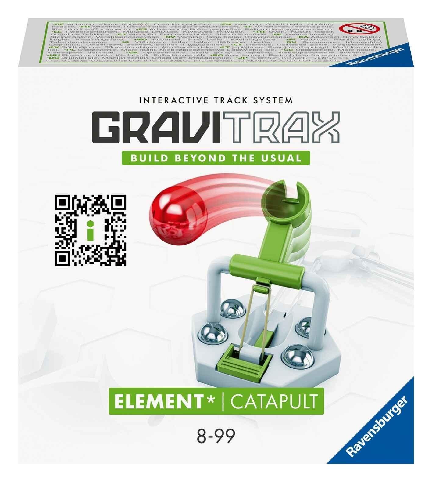 GraviTrax Catapult Element box with illustrated example of the catapult integrated into a track