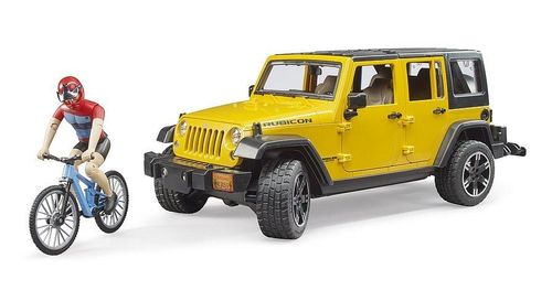 Bruder yellow Jeep Wrangler Rubicon toy with mountain bike and cyclist figure standing beside