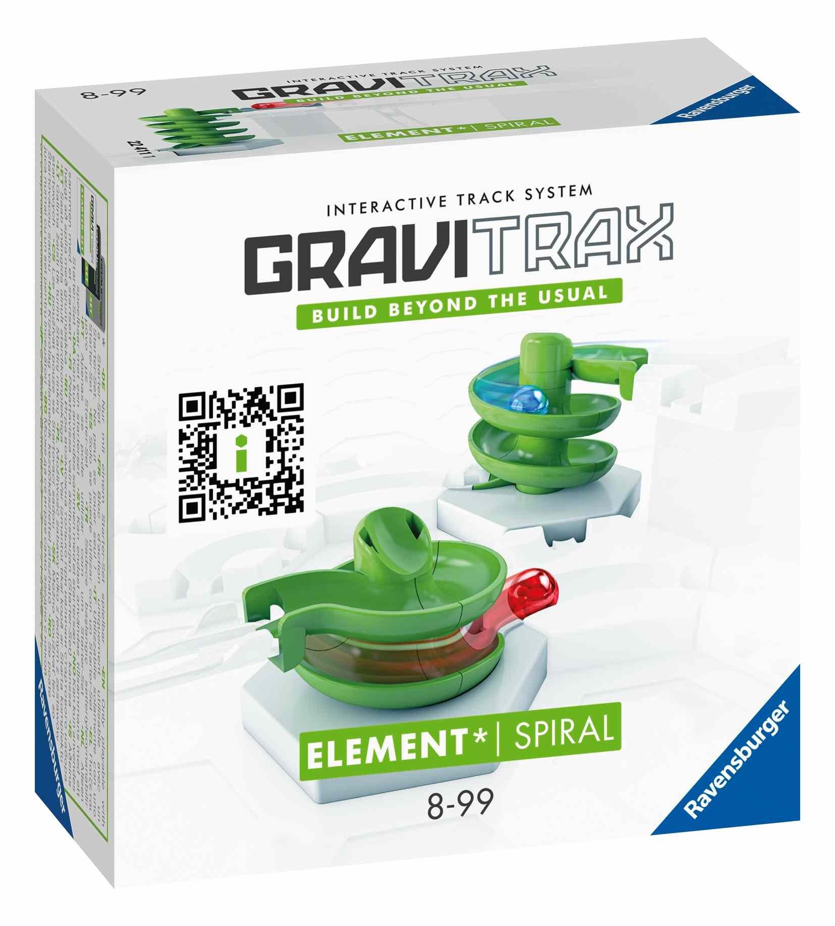 Front view of the GraviTrax Spiral Element box showing the spiral track design