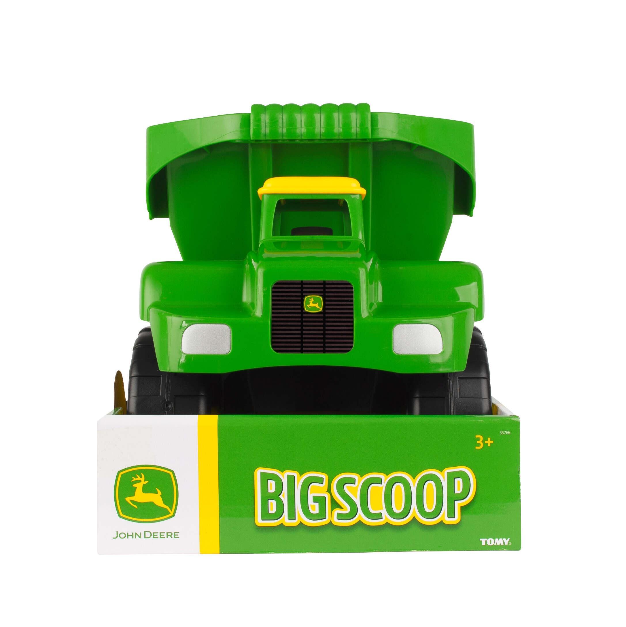 Front view of John Deere Big Scoop dump truck toy on a white background.