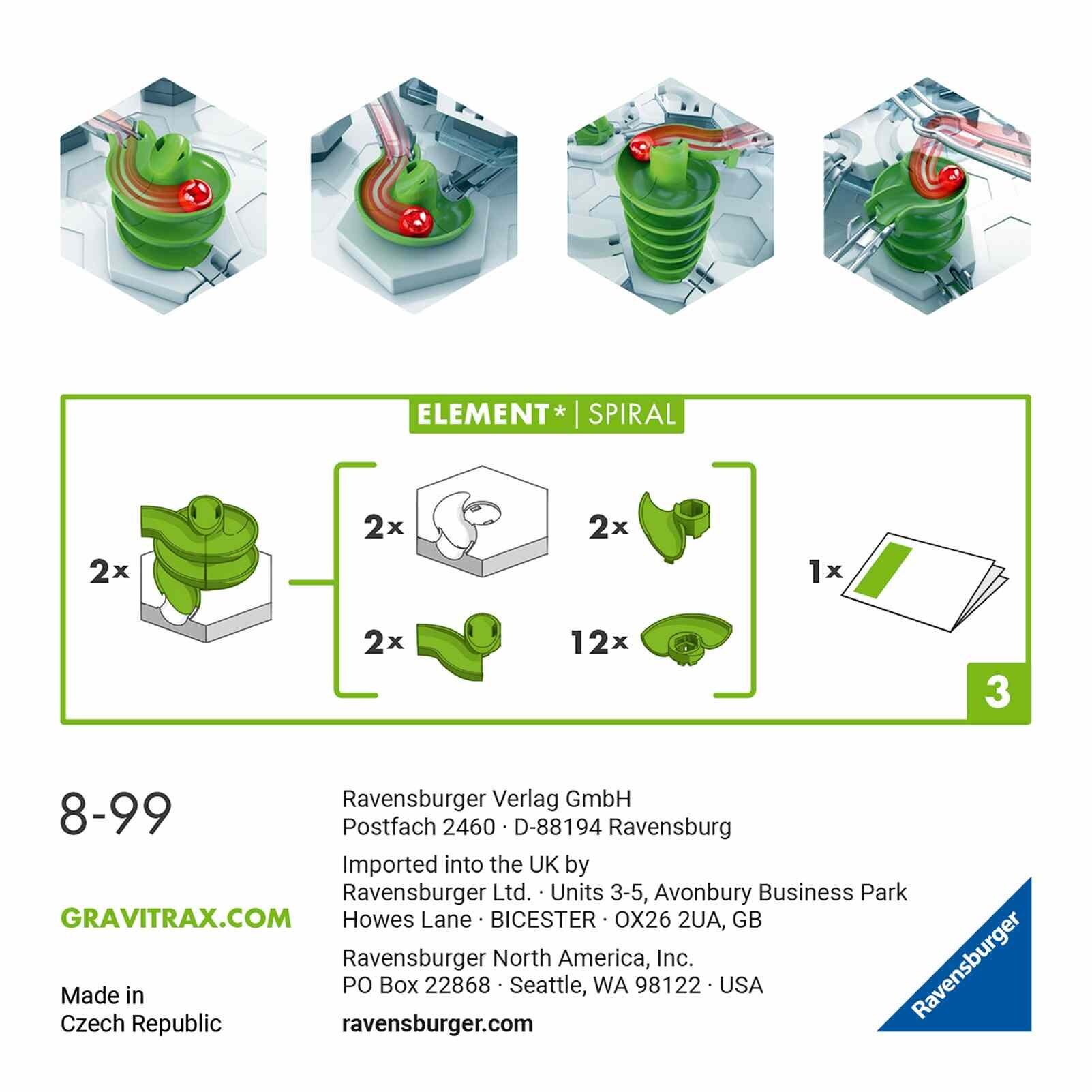 Back of the GraviTrax Spiral Element box displaying spiral features and included pieces