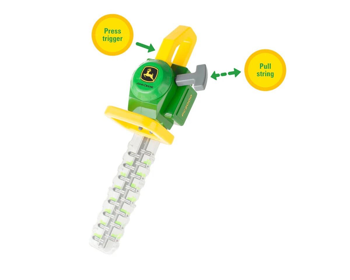 John Deere Hedge Trimmer Toy – labelled diagram demonstrating trigger and pull-string features