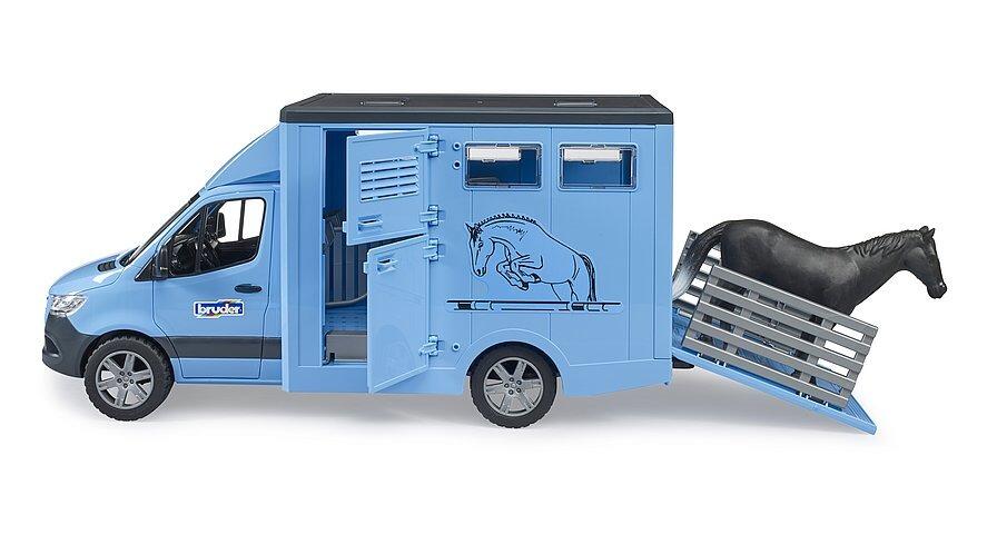 Bruder Mercedes-Benz Sprinter Animal Transporter showing rear loading ramp and cow