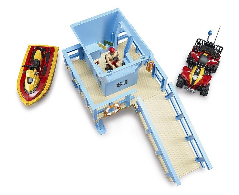 Top view of Bruder Lifeguard Station with quad, jet ski, and accessories.