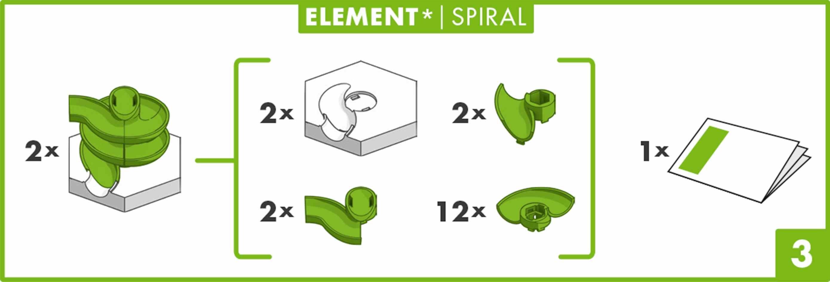 GraviTrax Spiral Element contents sheet showing all spiral pieces, bases, and accessories