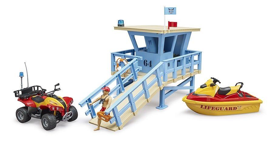 Bruder Lifeguard Station set featuring quad, lifeguard figure, and coastal rescue base.