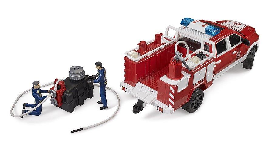 Fire engine toy with firefighter figures using the hose and portable pump accessory