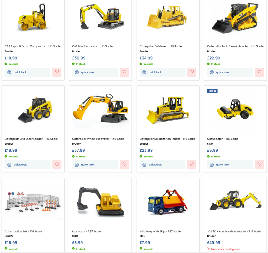 A selection of children’s construction toys from Inspired Toy Box, including Bruder vehicles, SIKU die-cast models, and accessory sets displayed in a product grid.