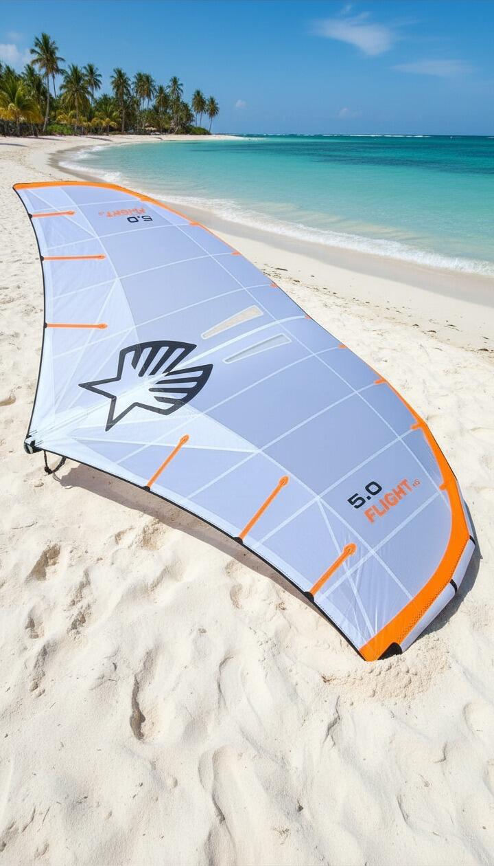Ezzy Wing V3 wingfoil wing in white, black and orange with carbon boom