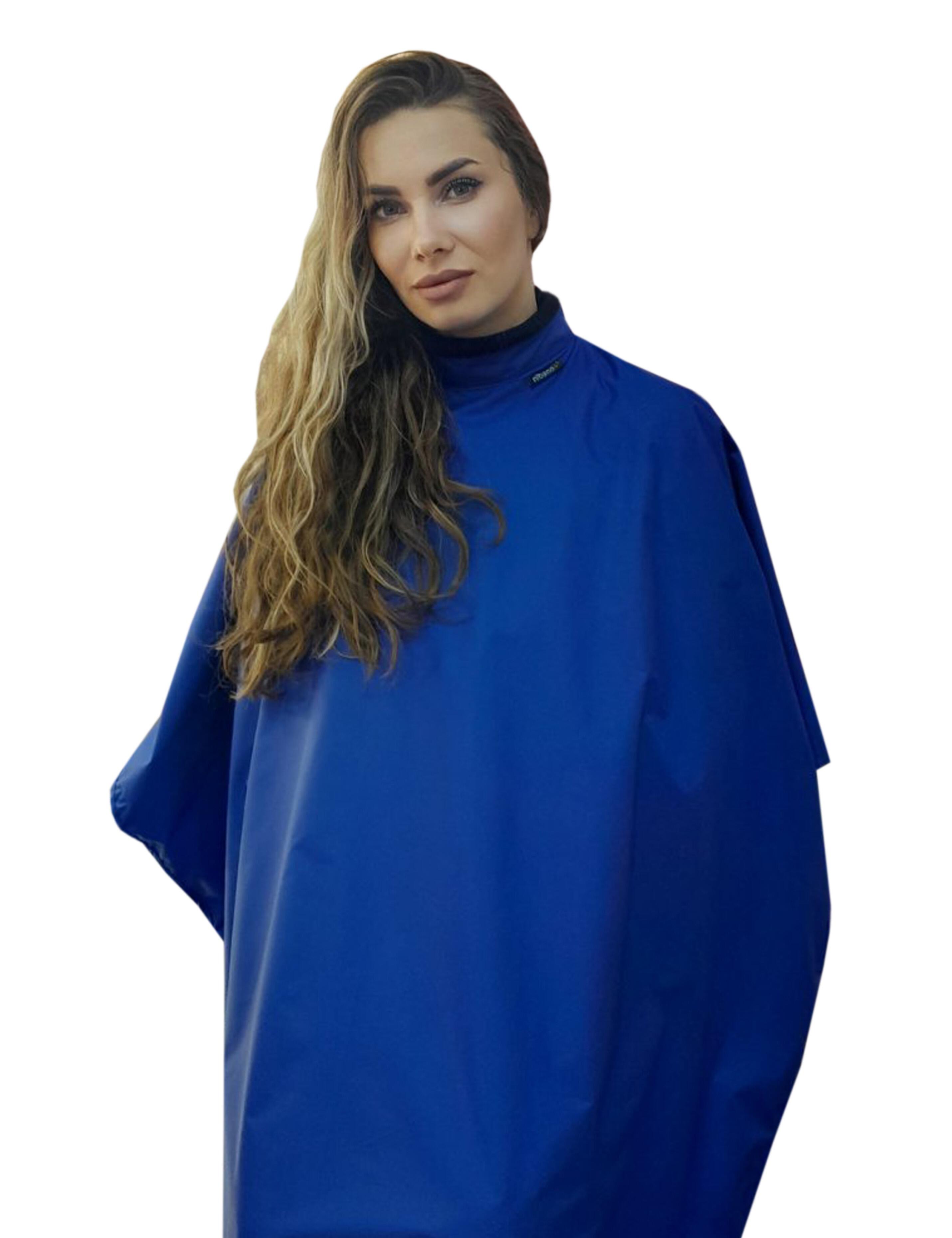 Professional royal blue salon cape for modern hair cutting and styling studios