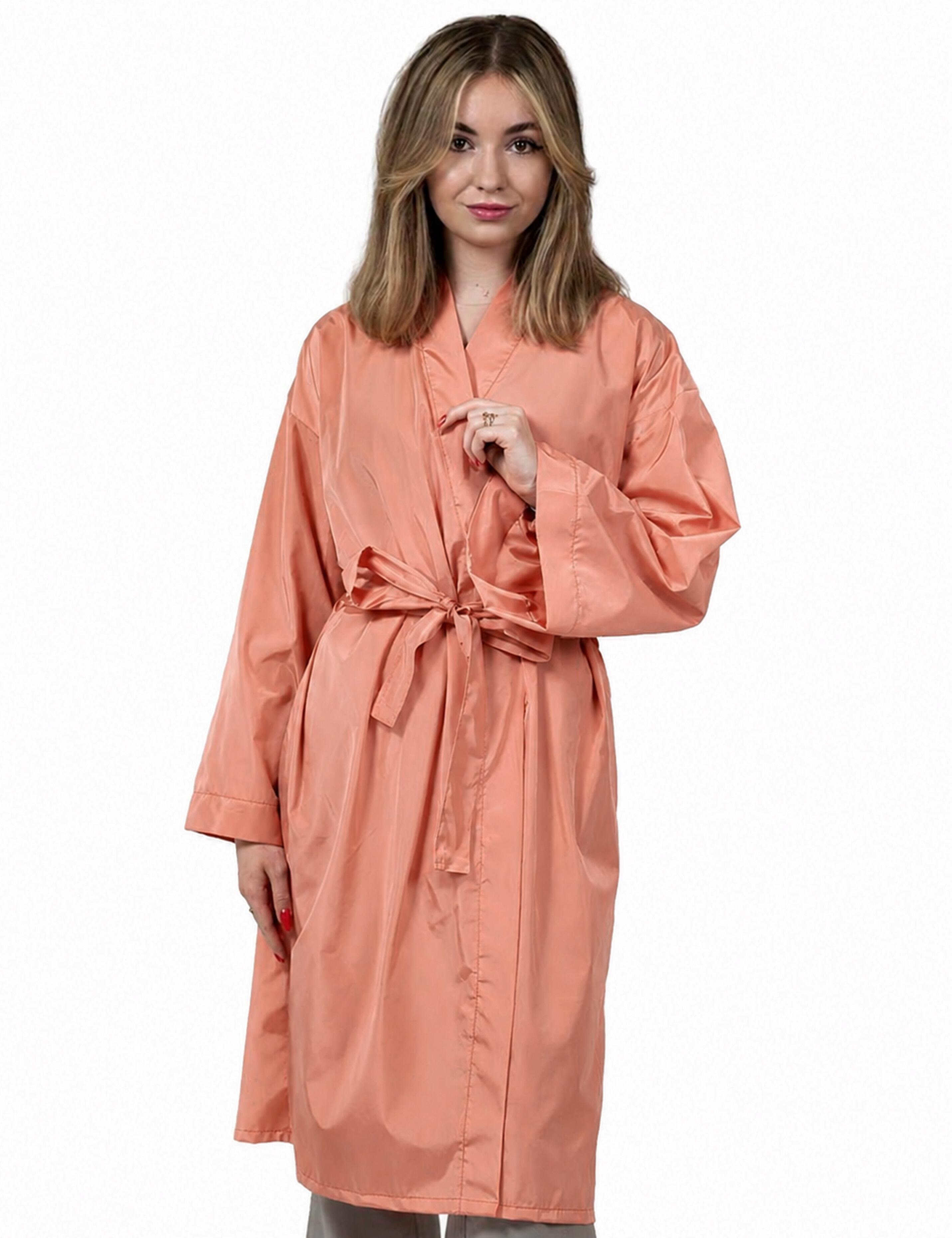 Advanced BellShield protection fabric salon kimono robe in warm peach tone
