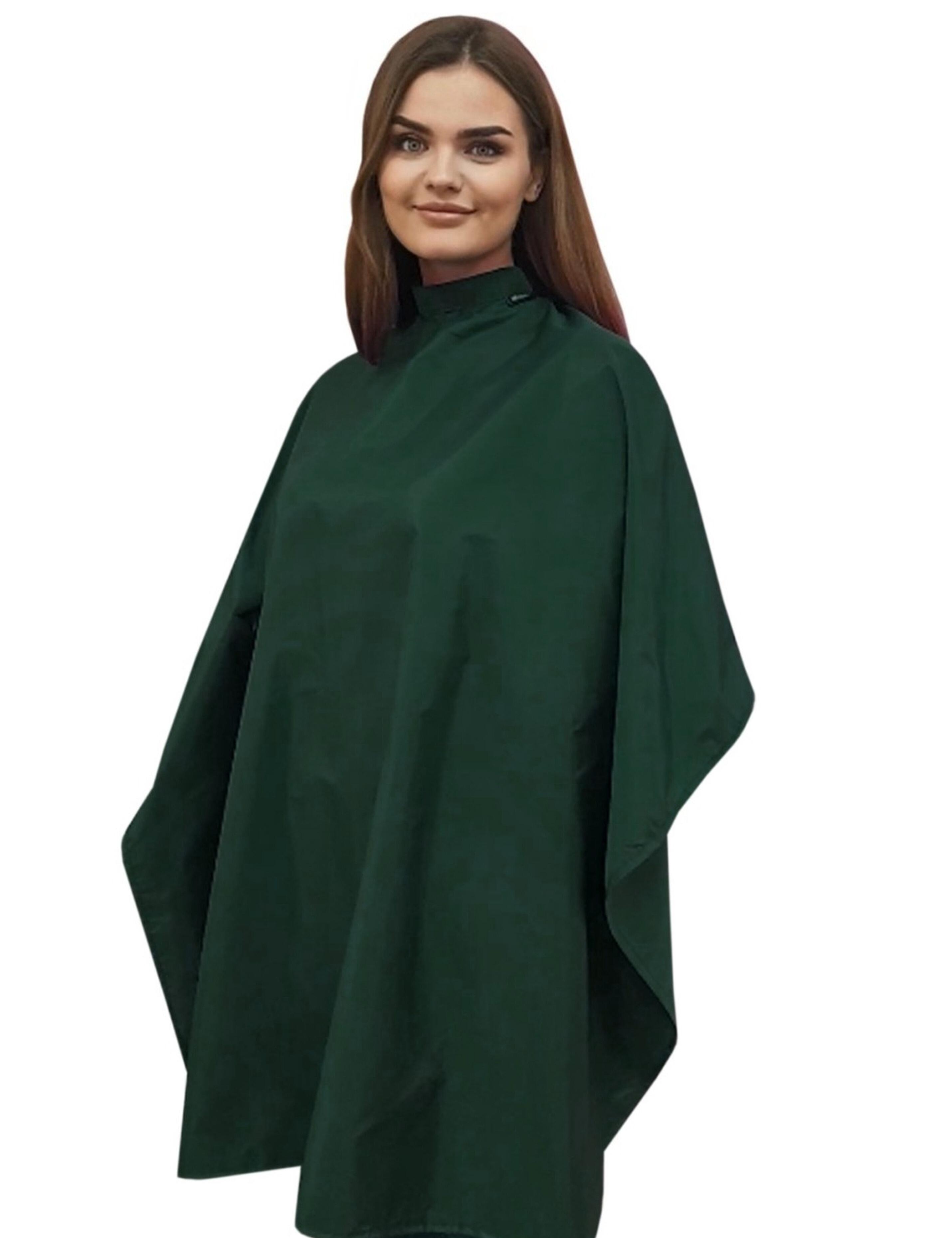 Modern bottle green barber cape designed for US hair salons and studios