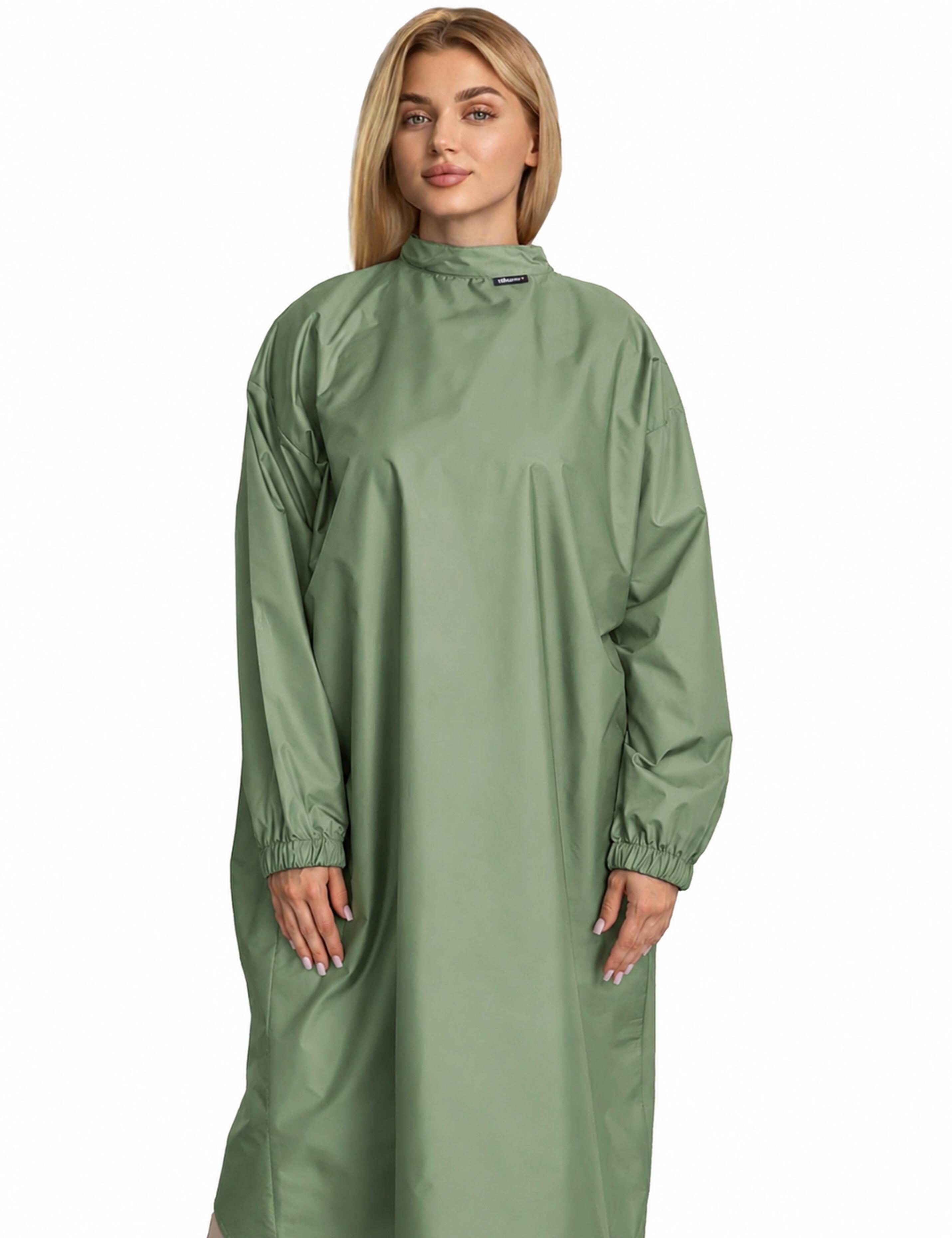 Professional olive cutting cape with sleeves engineered with advanced BellShield salon protection fabric