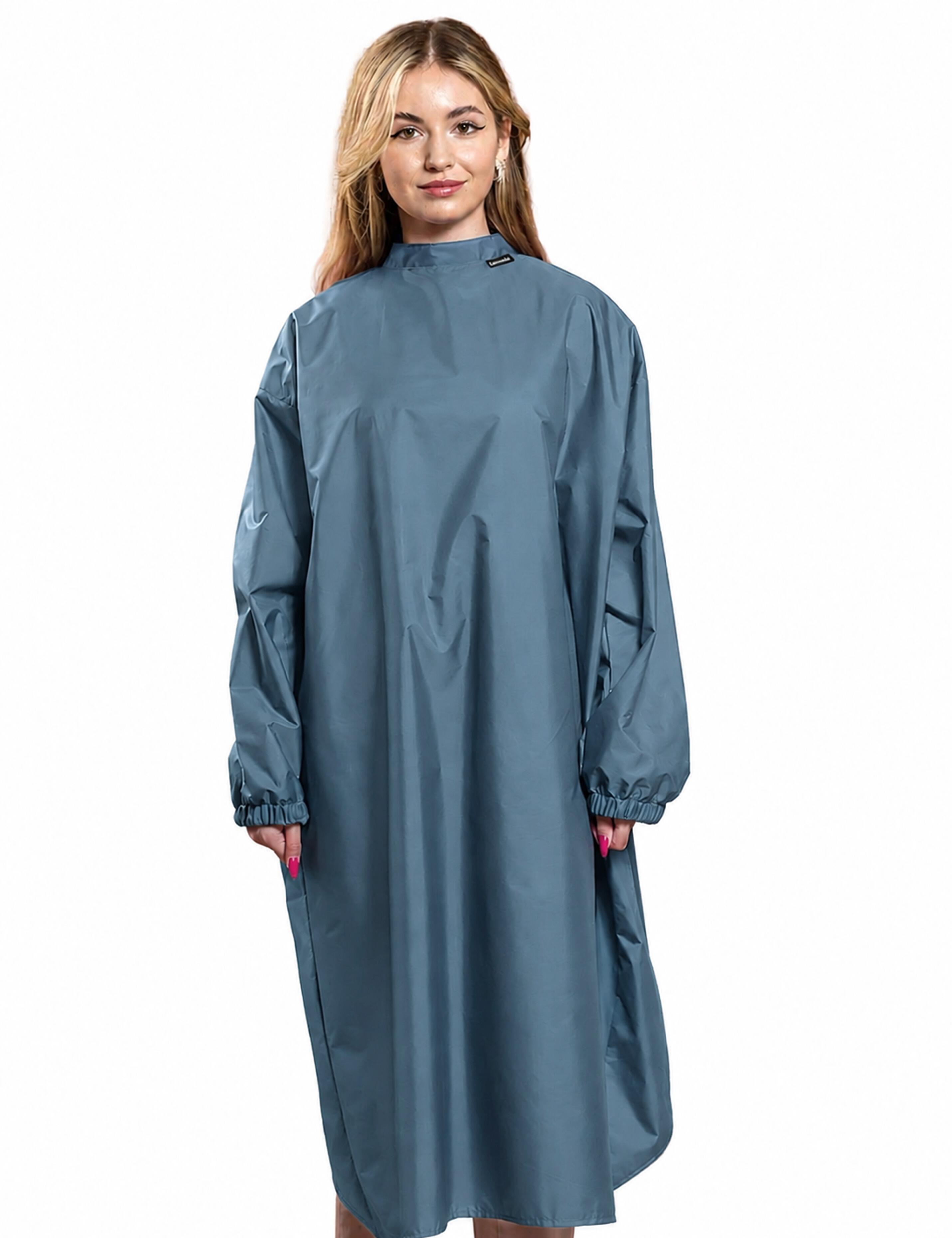 Professional steel blue cutting cape with sleeves engineered with advanced BellShield salon protection fabric