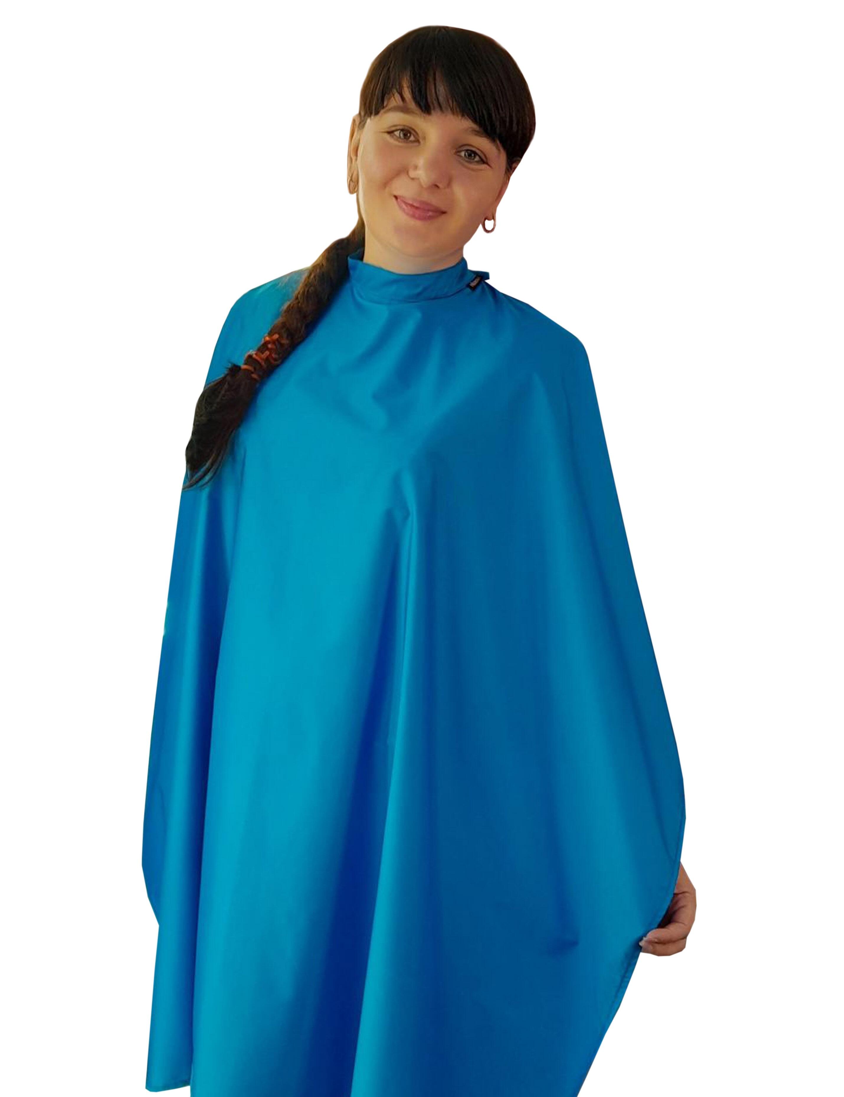 Stunning turquoise salon cape perfect for vibrant and modern beauty studios.