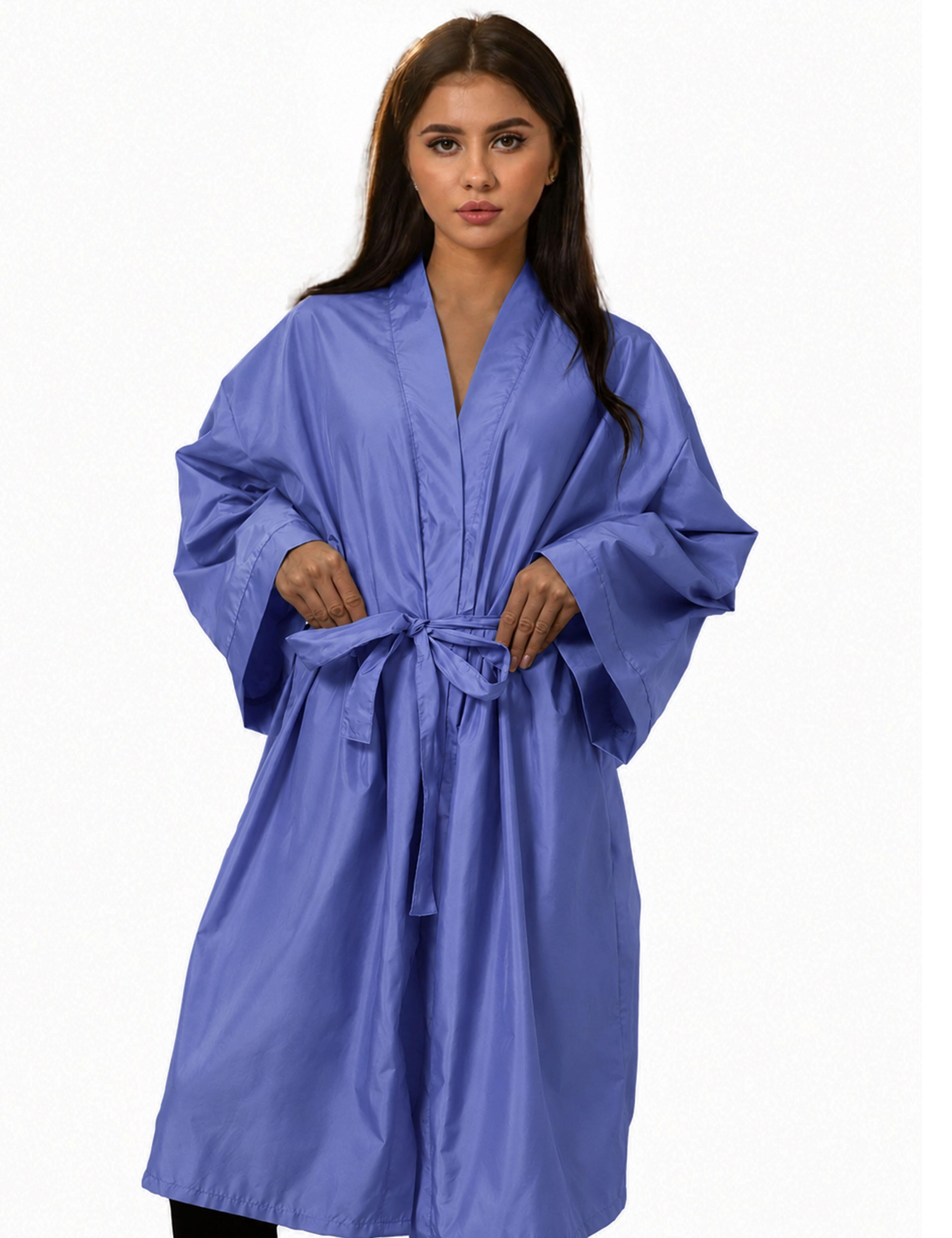 Bleach resistant denim blue salon kimono for professional hair colorists