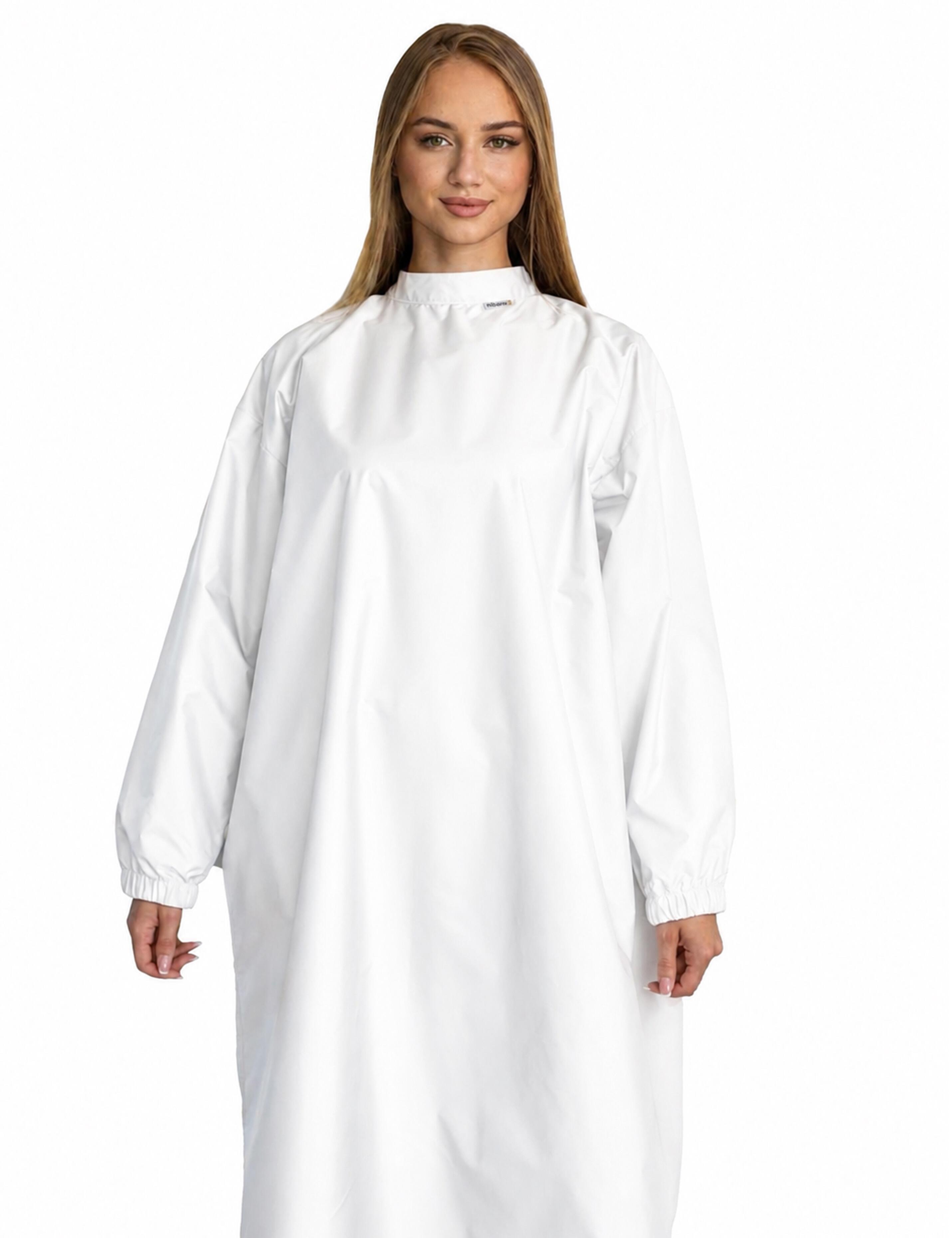 Professional white cutting cape with sleeves engineered with advanced BellShield salon protection fabric
