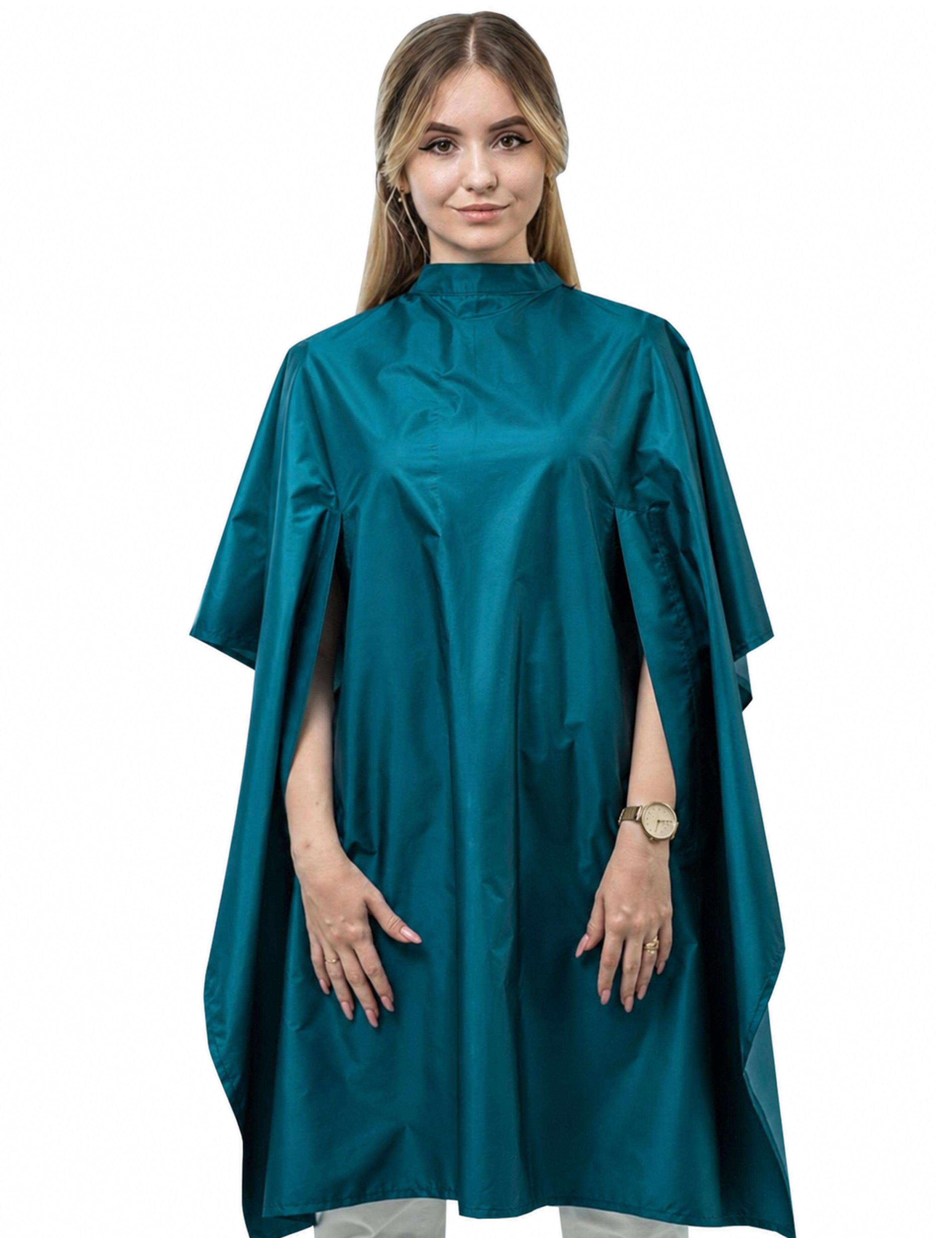 Teal salon cape with hand slits for hairstyling